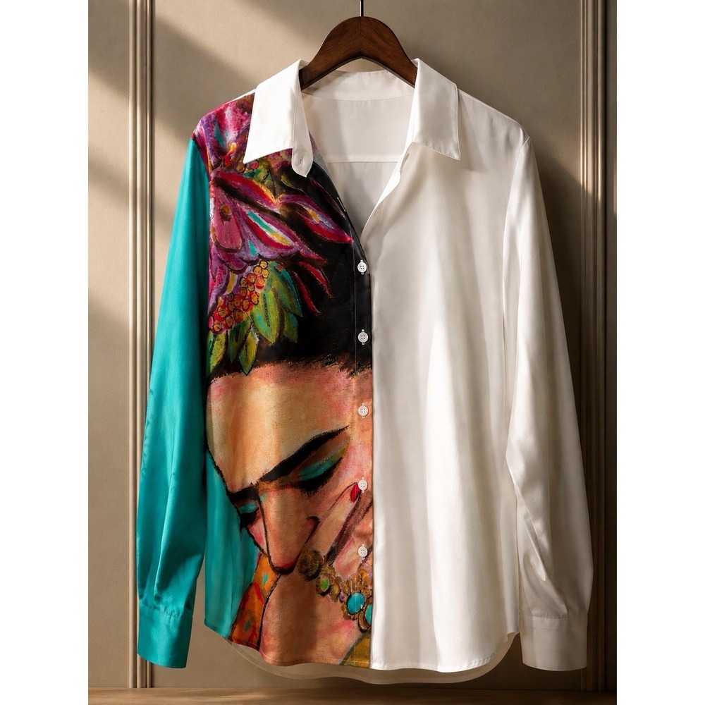 Frida Kahlo Shirt Women* White Teal Colorful Art Print Button Long Sleeve Blouse